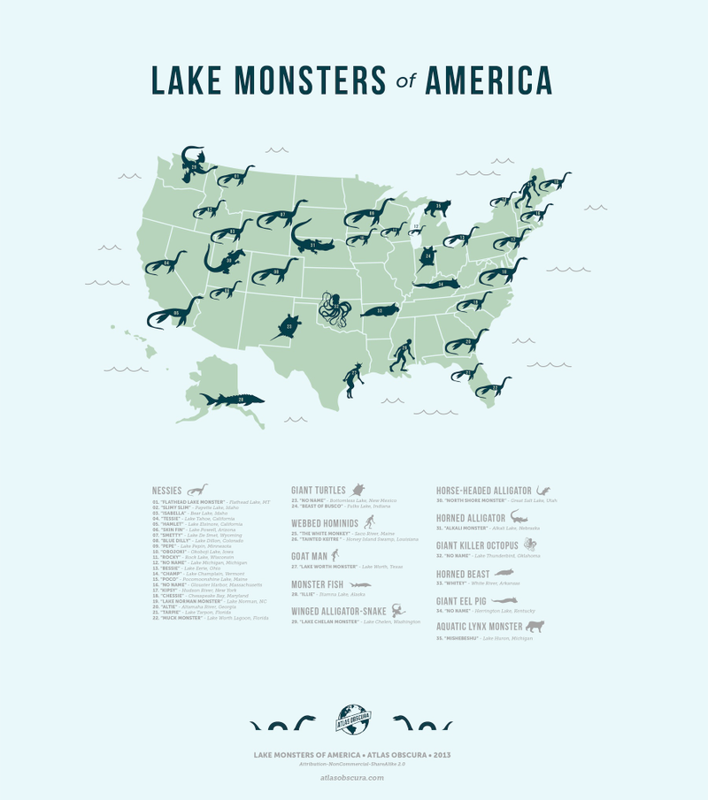 Illustration for article titled A Map of the United States' Mythical Lake Monsters